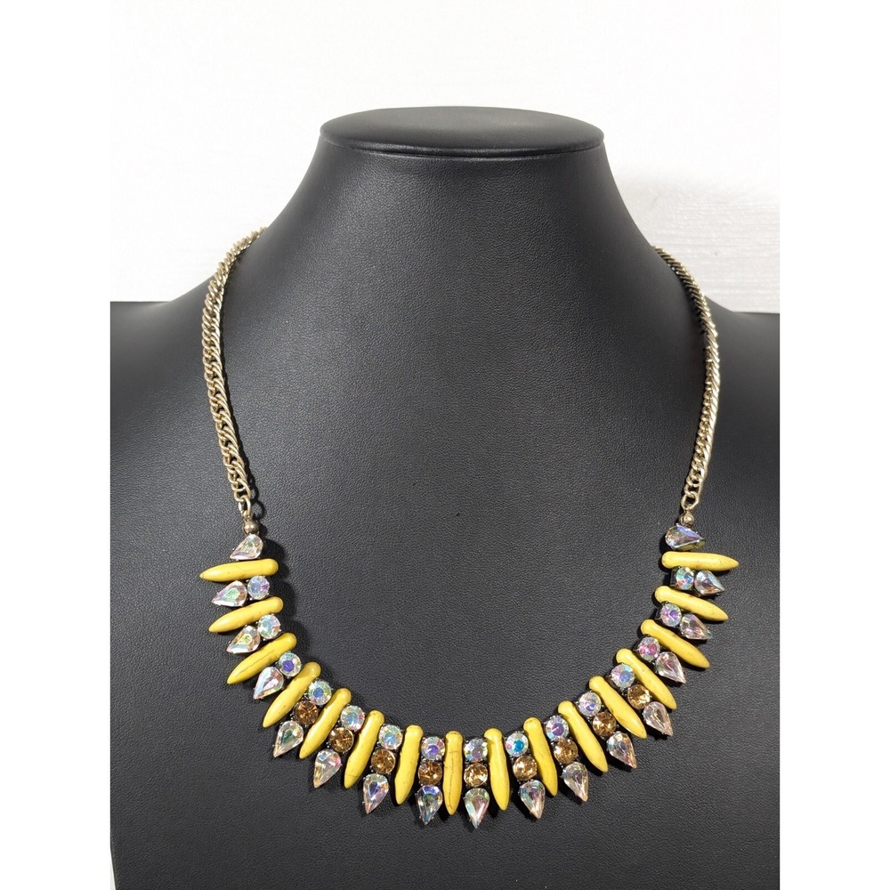Beachy Coastal Yellow Stone AB Rhinestone Gold Tone Gray Statement Necklace 21"